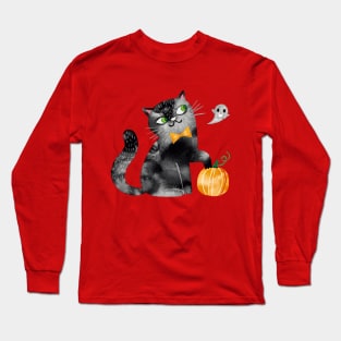 cute cat watercolor halloween Long Sleeve T-Shirt